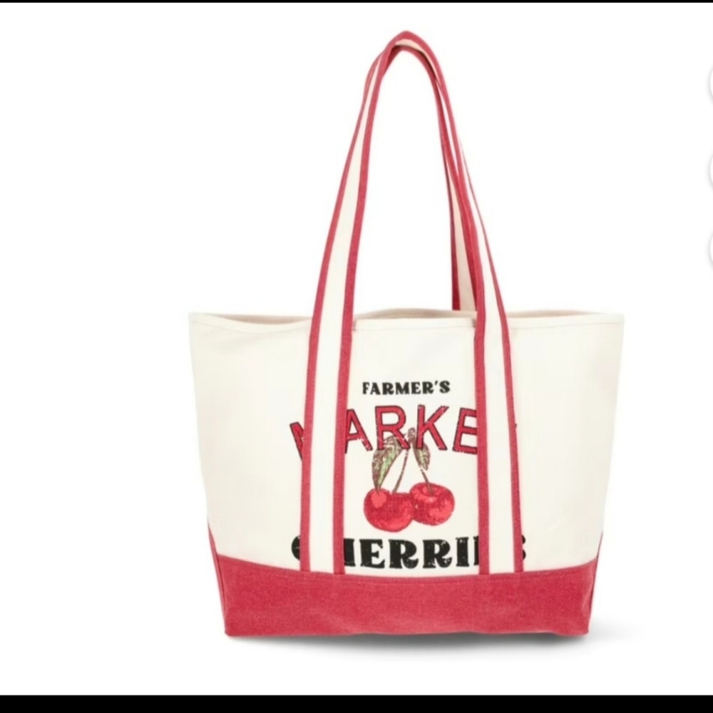 Farmer's Market Cherries Canvas Tote Bag XL 18" Natural/Red BNWT RETIRED
